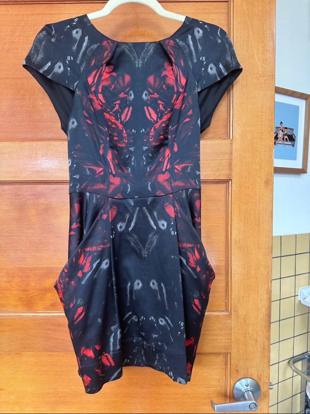AllSaints Black and Red Patterned Cap-Sleeve Mini Dress